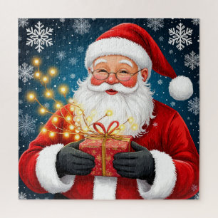 Puzzle Papá Noel junto al árbol de Navidad y regalos