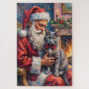 Puzzle Papá Noel sosteniendo arte navideño de gato azul r