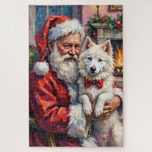 Puzzle Papá Noel sosteniendo arte navideño de Samoyed