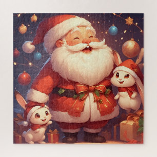 Puzzle Papá Noel y dos conejos alegres