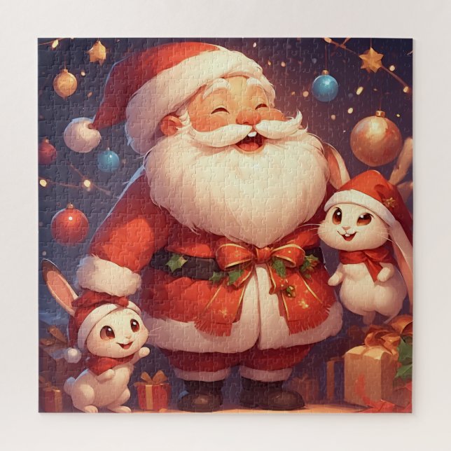Puzzle Papá Noel y dos conejos alegres (Vertical)
