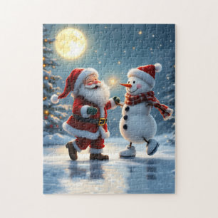 Puzzle Papá Noel y muñeco de nieve lindos bailando sobre
