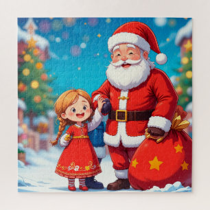 Puzzle Papá Noel y niña con una bolsa de regalos