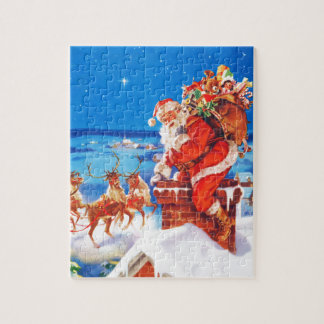 Puzzle Papá Noel y su reno para arriba en el tejado
