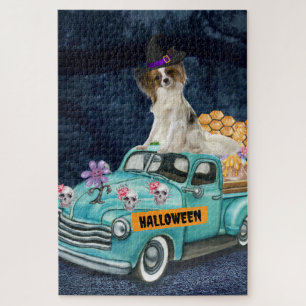 Puzzle Papillon Dog Halloween Camión Noche de miedo