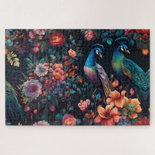 Puzzle Par de pavos reales en un jardín colorido