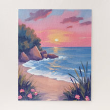 Paradise Cove | Pink Watercolor Ocean Waves Sunset