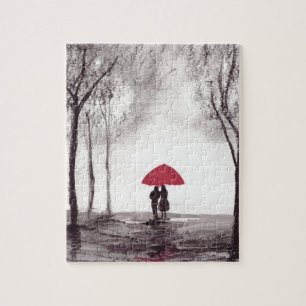 Puzzle Paraguas rojos pareja de amor acuarela negro