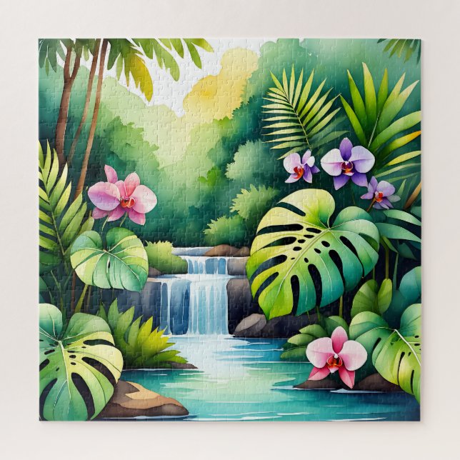 Puzzle Paraíso de orquídeas de cascada de jungla tropical (Vertical)