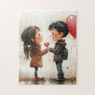 Puzzle Pareja de acuarela adorable corazón globo aerostát