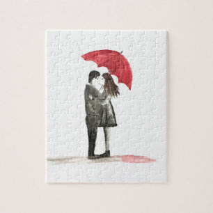 Puzzle Pareja de amor con paraguas rojos