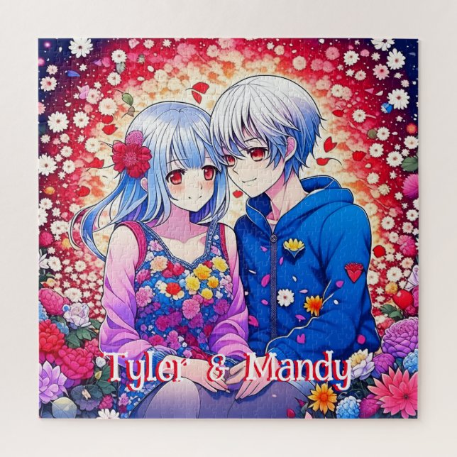 Puzzle Pareja de anime, flores y corazones personalizados (Vertical)