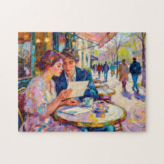 Puzzle Pareja de Café Impresionista Leyendo y Debatiendo 