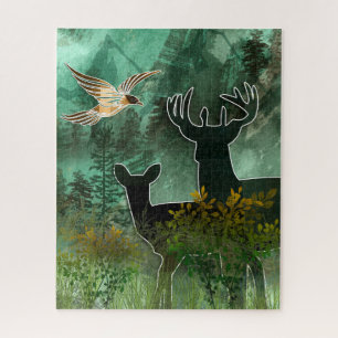 Puzzle Pareja de ciervos y halcón de la Unión Woodland