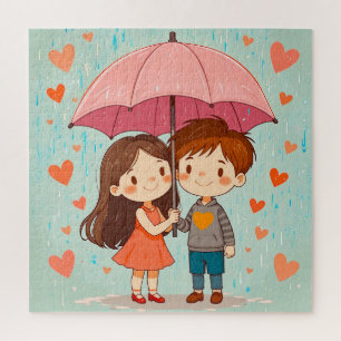 Puzzle Pareja de dibujos animados sonriendo bajo paraguas