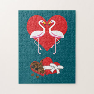 Puzzle Pareja de flamencos rosados y una caja de chocolat