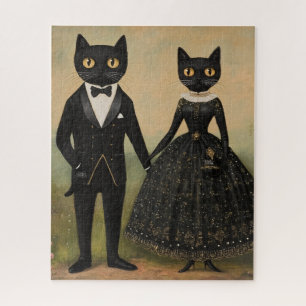 Puzzle Pareja de gatos negros arte popular vintage gótico