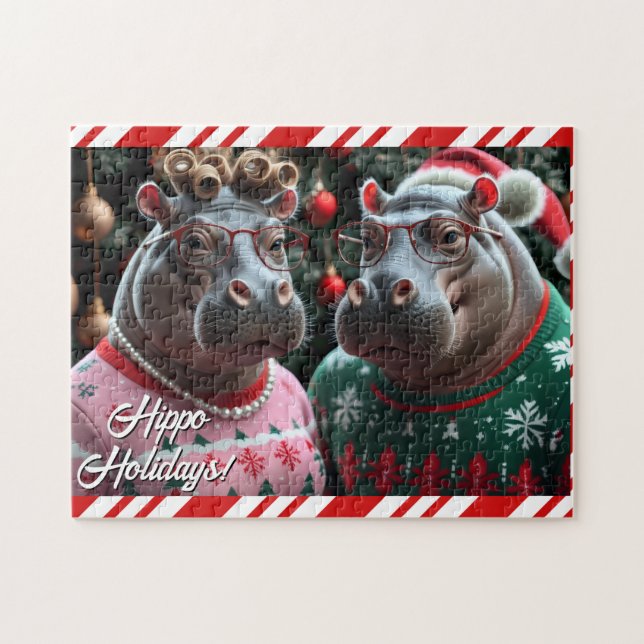 Puzzle Pareja de Hippo en Navidades sudaderas (Horizontal)