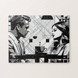 Puzzle Pareja de Intrigue en Cafe Moderno Blanco y Negro