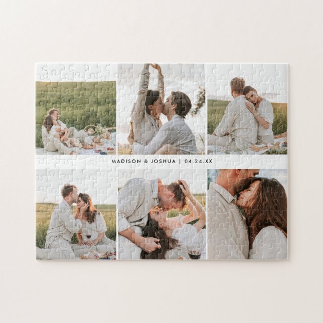 Puzzle Pareja de novios con collage personalizado moderno (Horizontal)