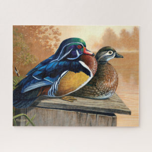 Puzzle Pareja de patos de madera en caja de anidación Pin