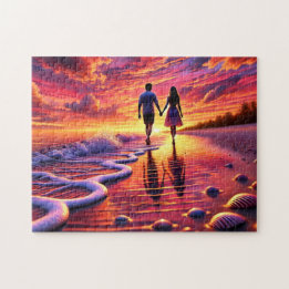 Puzzle Pareja de Romance en la Playa Paseo al Atardecer p