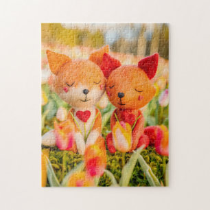 Puzzle Pareja de zorros de fieltro en campo de tulipanes