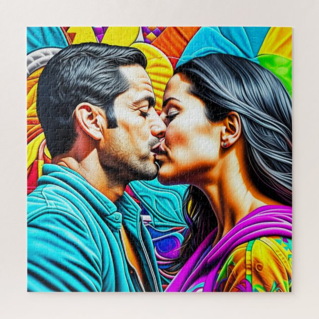 Puzzle Pareja hispana besándose enamorada   (Vertical)