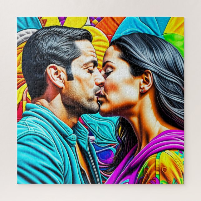 Puzzle Pareja hispana besándose enamorada   (Vertical)