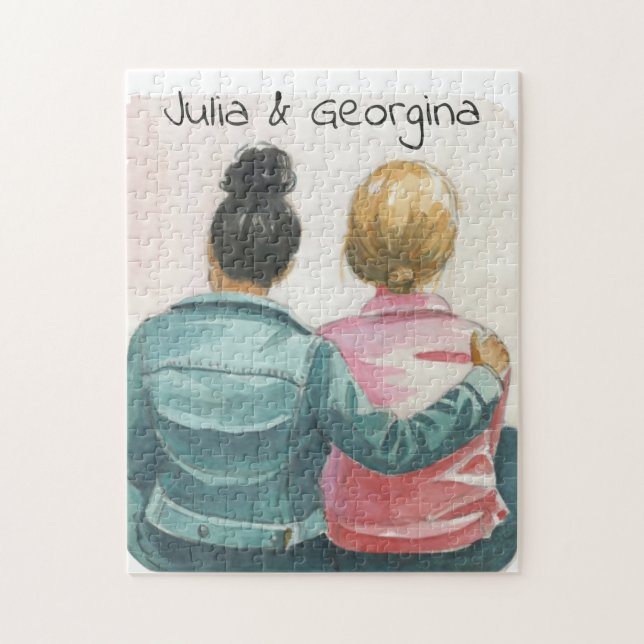 Puzzle Pareja lesbiana acuarela personalizada (Vertical)
