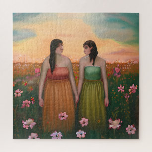 Puzzle Pareja lesbiana con la mano en el prado de flores