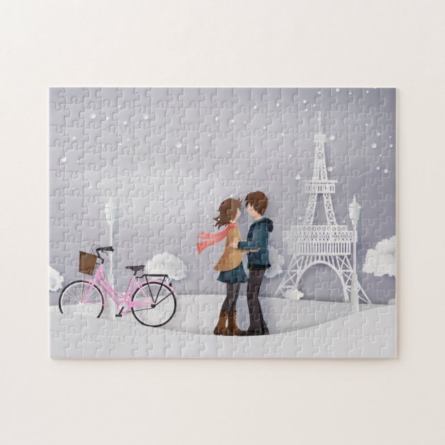 Puzzle Pareja Paris de bicicleta rosa (Horizontal)