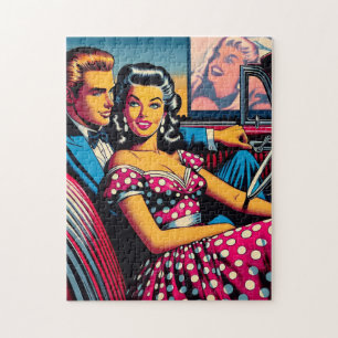 Puzzle Pareja retro en auto en unidad en película