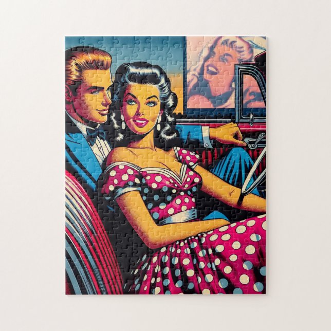Puzzle Pareja retro en auto en unidad en película (Vertical)