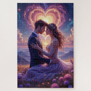 Puzzle Pareja romántica abraza en una montaña mágica