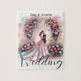 Puzzle pareja romántica bajo boda de arco floral
