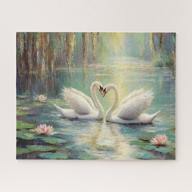 Puzzle Pareja romántica de cisne en Bella Artes Lily Pond (Horizontal)