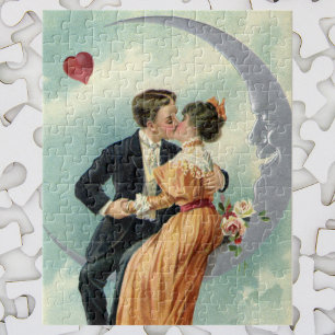Puzzle Pareja victoriana vintage besándose en una luna cr