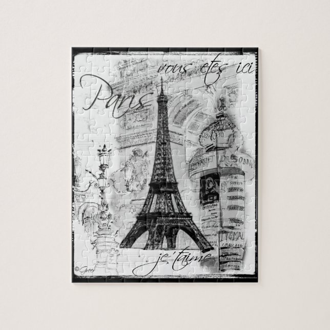 Puzzle Paris Eiffel Tower Black & White Collage Street Sc (Vertical)
