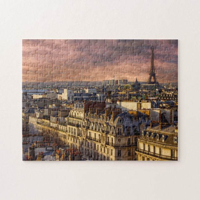 Puzzle Paris France Skyline Eiffel Tower Pink Sky 11"x14" (Horizontal)