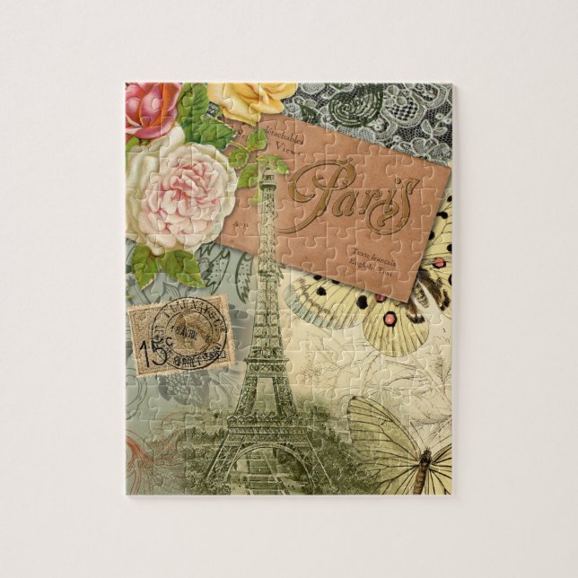 Puzzle París Francia Collage de arte antiguo Eiffel Franc (Vertical)