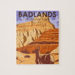 Puzzle Parque nacional Badlands South Dakota Vintage<br><div class="desc">Diseño de obras de arte vectoriales en Badlands. Los espectaculares paisajes del parque abarcan formaciones rocosas en capas,  cañones escarpados y arañas imponentes. Bison,  ovejas y perritos de pradera nacen en sus praderas.</div>