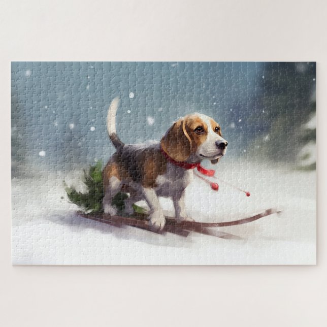Puzzle Pascua de Navidad nieve invierno Beagle (Horizontal)