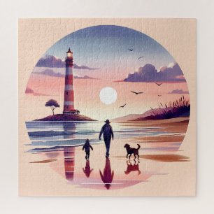 Puzzle Paseo al atardecer del faro Escena costera