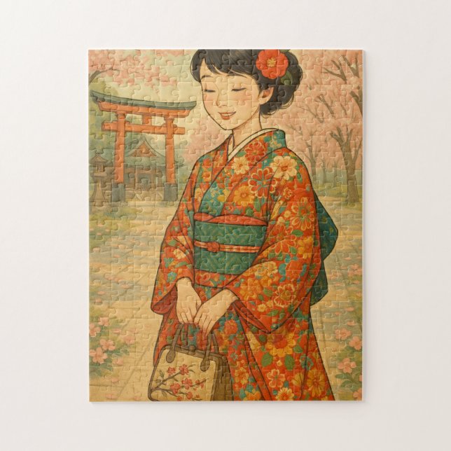 Puzzle Paseo de flores de cerezo - Chica japonés en Kimon (Vertical)