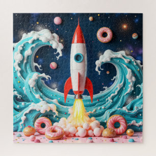 Puzzle Paseo en cohetes a través de donuts y planetas