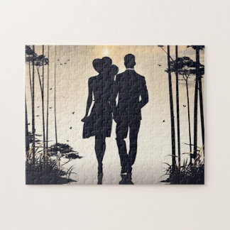 Puzzle Paseo por Sunrise: Pareja de Siluetas Negra y Blan