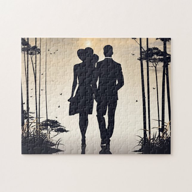 Puzzle Paseo por Sunrise: Pareja de Siluetas Negra y Blan (Horizontal)