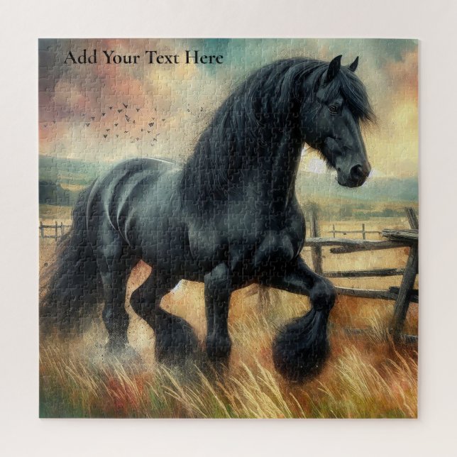 Puzzle Pastel de Caballo Negro Fresian Valla Rústica (Vertical)