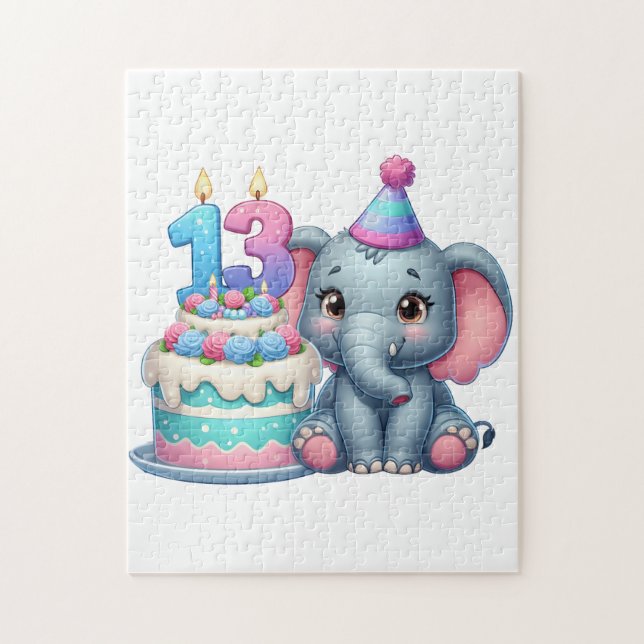 Puzzle Pastel de elefante para cumpleaños 13 (Vertical)